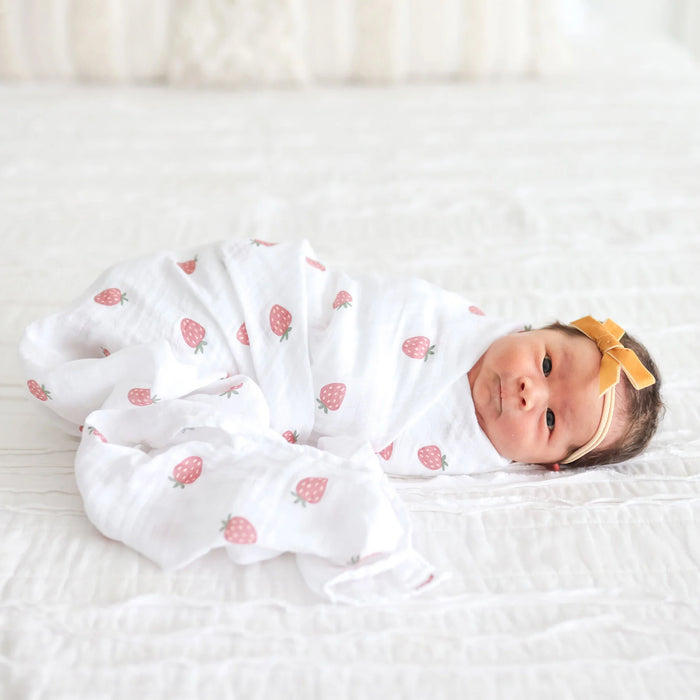 Lulujo® Cotton Muslin Strawberry Print Swaddle Blanket – Soft Breathable Baby Wrap (40x40)