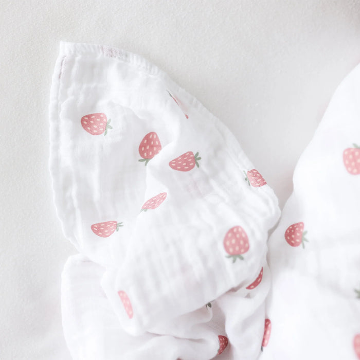 Lulujo® Cotton Muslin Strawberry Print Swaddle Blanket – Soft Breathable Baby Wrap (40x40)