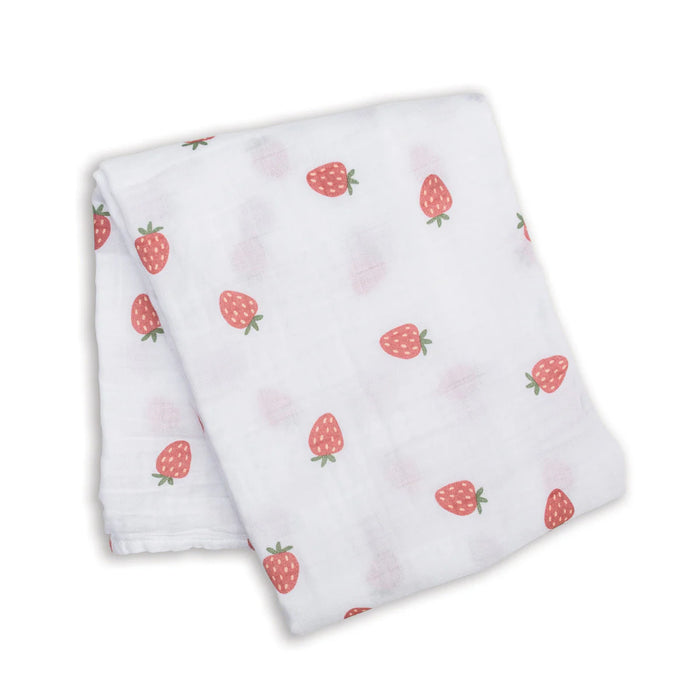 Lulujo® Cotton Muslin Strawberry Print Swaddle Blanket – Soft Breathable Baby Wrap (40x40)