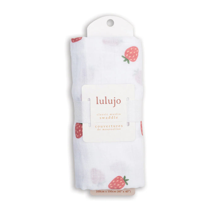 Lulujo® Cotton Muslin Strawberry Print Swaddle Blanket – Soft Breathable Baby Wrap (40x40)