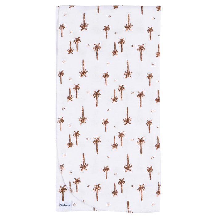 Gerber baby flannel receiving blanket folded, with brown palm tree pattern on white fabric.