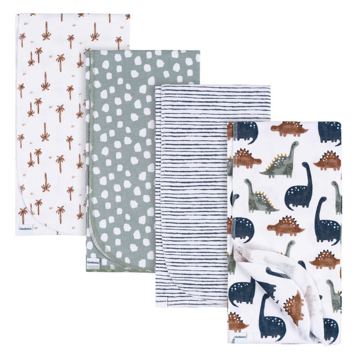 b.box flannel receiving blanket 4-pack shown folded with assorted dinosaur, stripe, and palm prints.