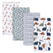 b.box flannel receiving blanket 4-pack shown folded with assorted dinosaur, stripe, and palm prints.