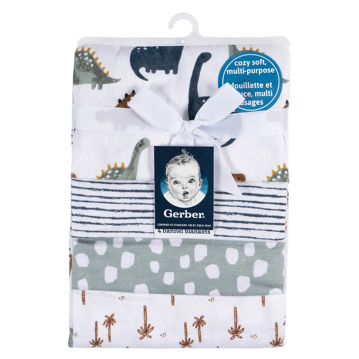 b.box flannel receiving blanket 4-pack dino time, folded with dinosaur and geometric prints, tied with ribbon