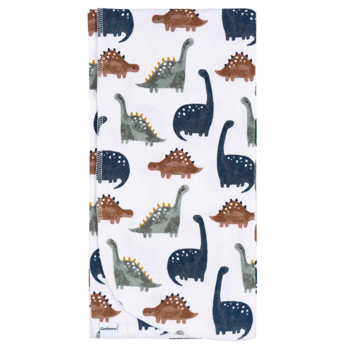 b.box flannel receiving blanket with a dinosaur print folded on a white background.