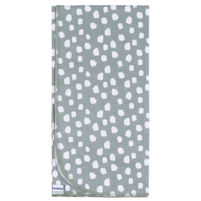 Gerber baby receiving blanket folded, sage green with white dot pattern, shown on white background.