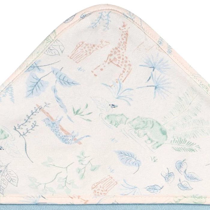 b.box hooded baby towel with pastel animal print shown folded to display the hood