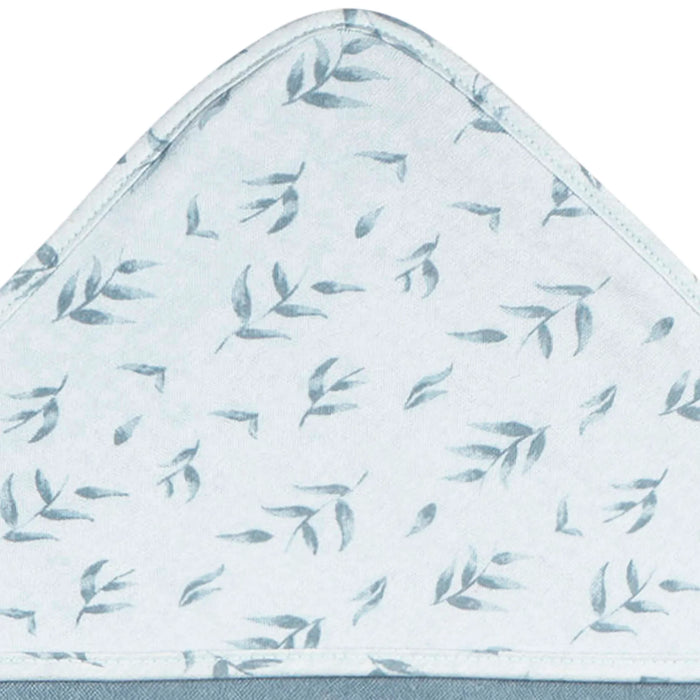 b.box hooded baby towel with blue leaf print, shown close-up on the patterned hood.