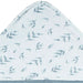 b.box hooded baby towel with blue leaf print, shown close-up on the patterned hood.