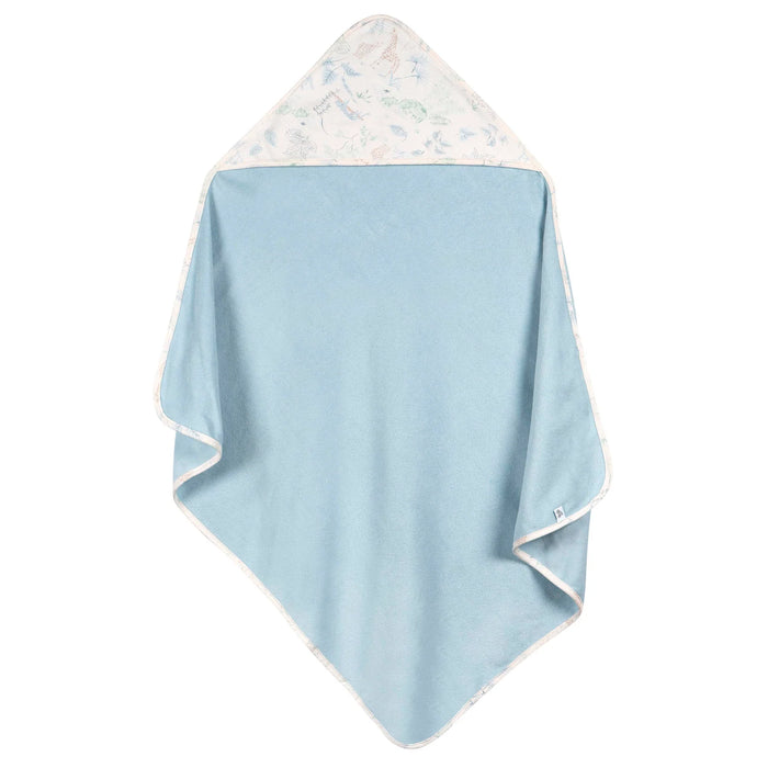 b.box hooded baby towel in blue with patterned hood displayed flat against a white background.