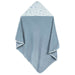 b.box hooded baby towel in blue with printed trim laid flat on a white background.