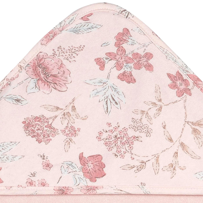 b.box hooded baby towel in pink with delicate rose floral print, close-up of hooded corner