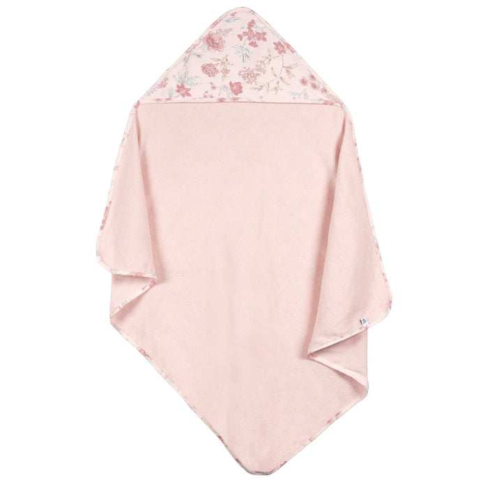 b.box hooded baby towel in rose color with floral hood detail shown flat on a white background.