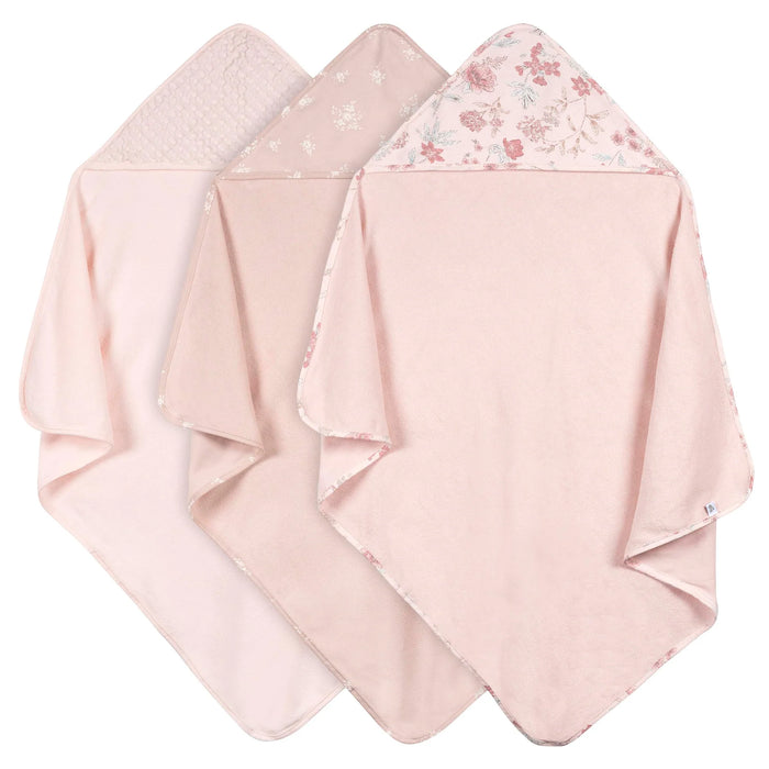 b.box hooded baby towels rose blue 3-pack arranged side by side showing pink and floral patterns.
