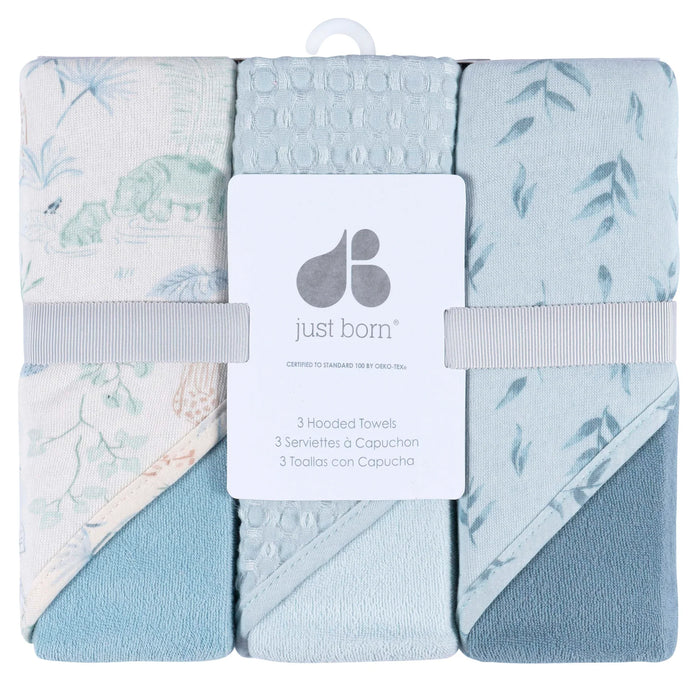 Just Born 3 Hooded Towels set in blue and soft prints, neatly packaged for infants.