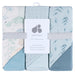 Just Born 3 Hooded Towels set in blue and soft prints, neatly packaged for infants.