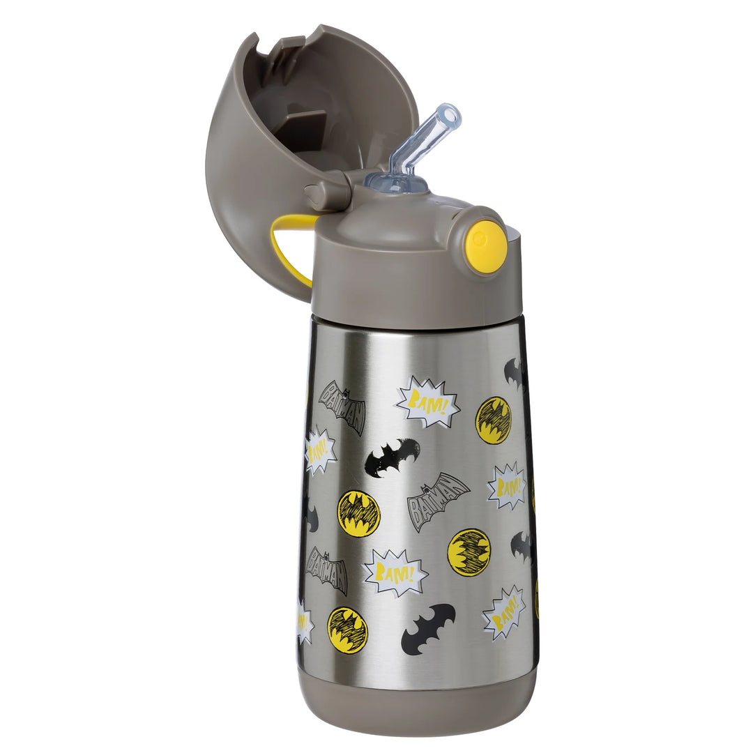 b.box insulated water bottle with Batman graphics shown with lid open and straw visible