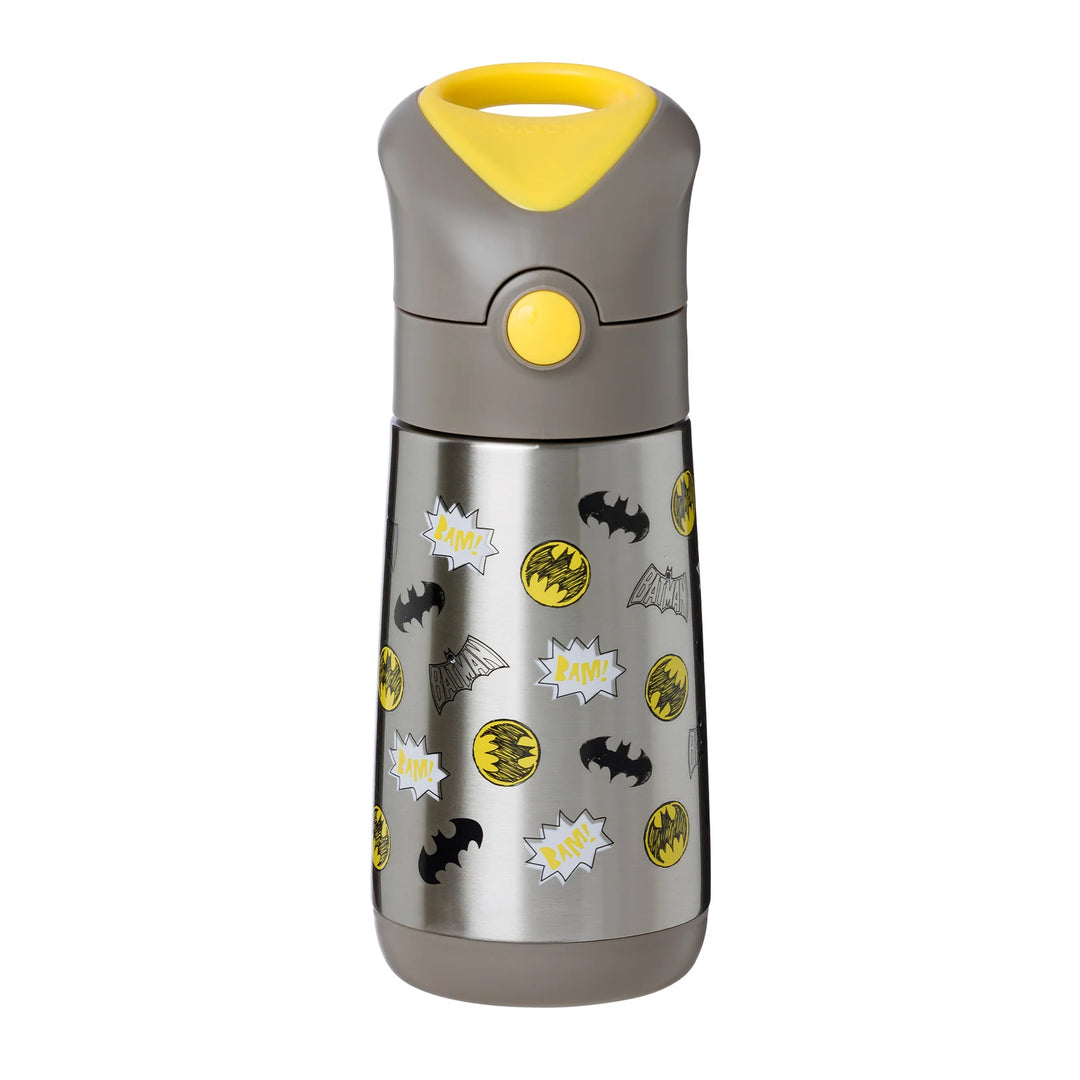 b.box insulated water bottle with Batman logos and comic graphics, shown upright on a white background.