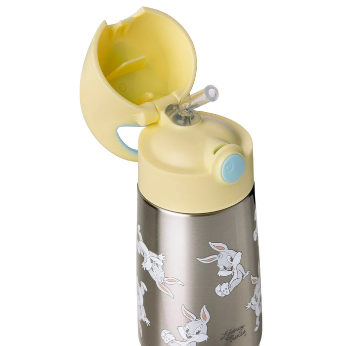 b.box insulated water bottle with Looney Tunes graphics, shown open with flip-top lid and straw.
