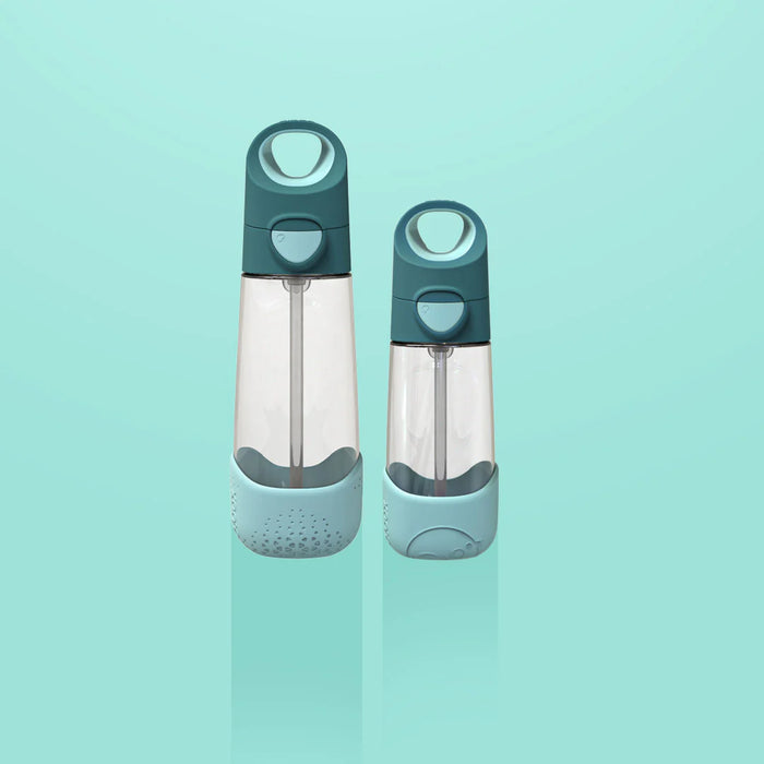 b.box kids tritan drink bottles in two sizes on a light blue background, showing teal lids and clear bodies