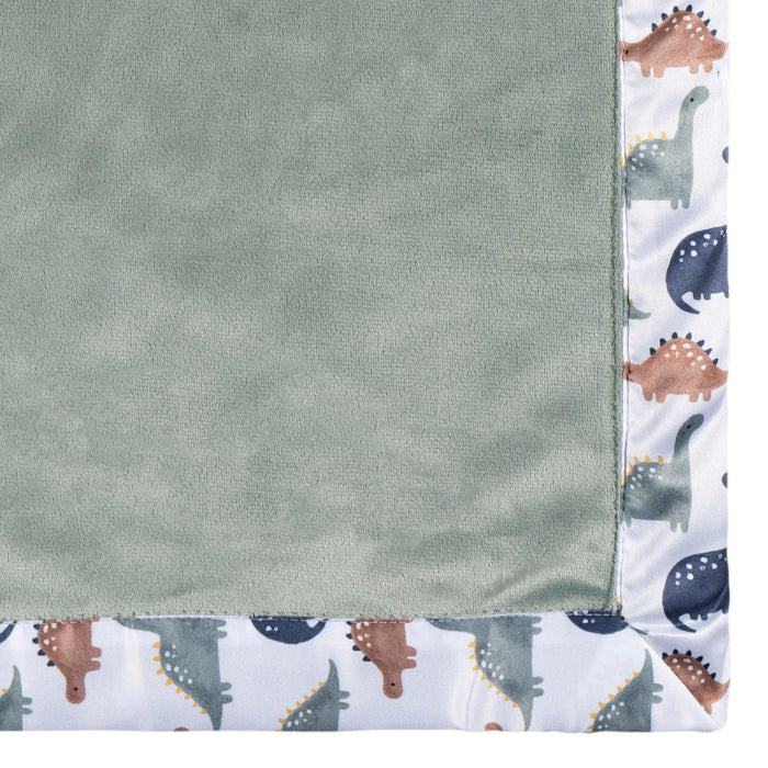 b.box microplush baby blanket with green center and dinosaur print border, shown flat.