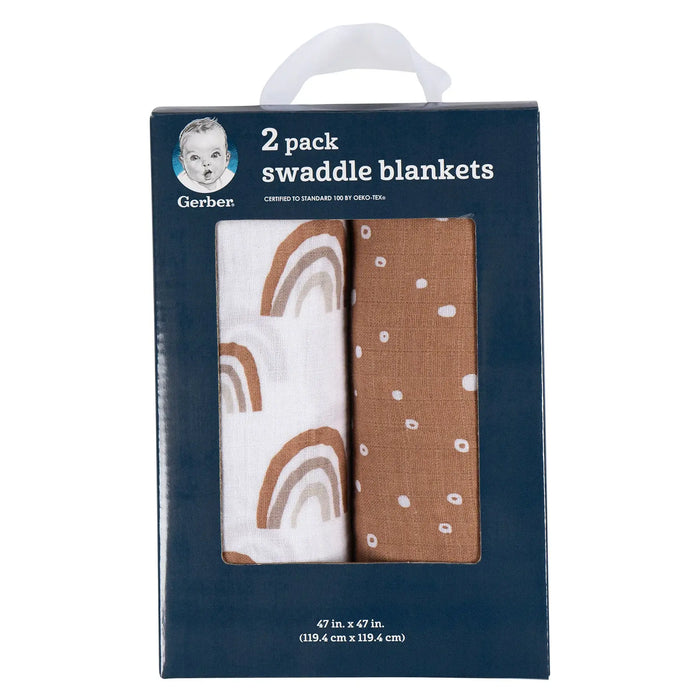 Gerber 2 pack swaddle blankets in box, showing brown rainbow and dot patterns through window.