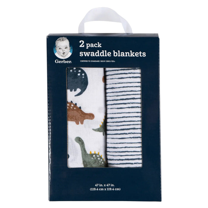 Gerber 2 pack swaddle blankets in box, one with dinosaur print, one with navy stripes, front view.