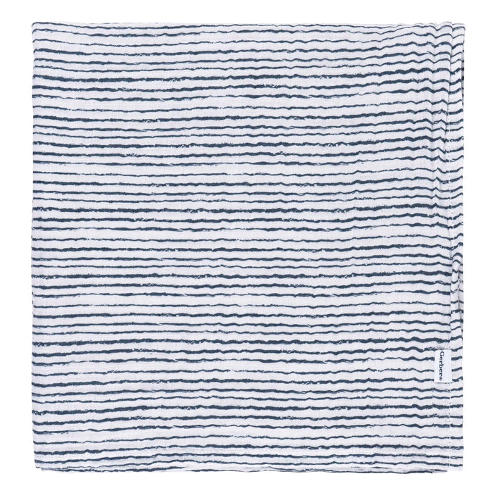 b.box muslin swaddle blanket with navy blue stripes neatly folded on a white background.