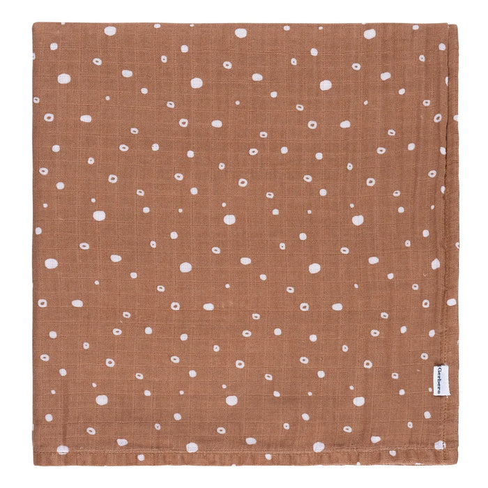 b.box muslin swaddle blanket in brown with white dot pattern, laid flat against white background.