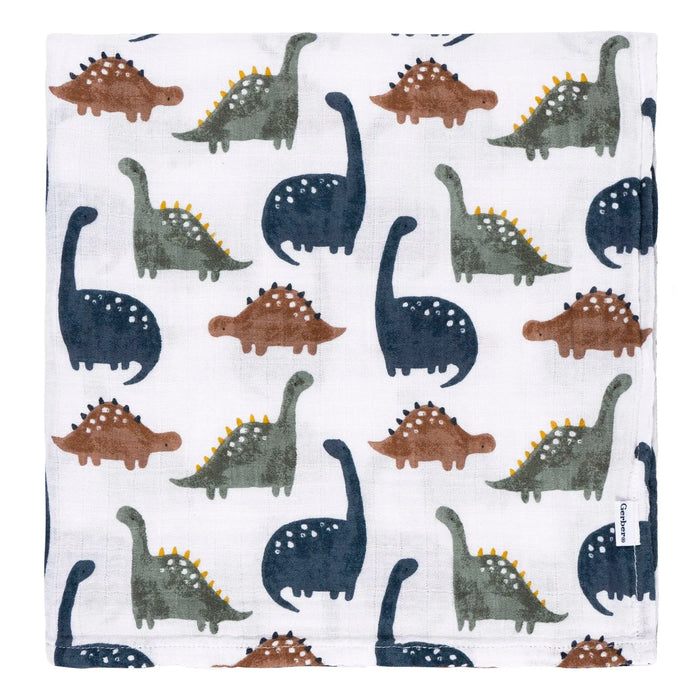 b.box muslin swaddle blanket with colorful dinosaur print, neatly folded on a white background