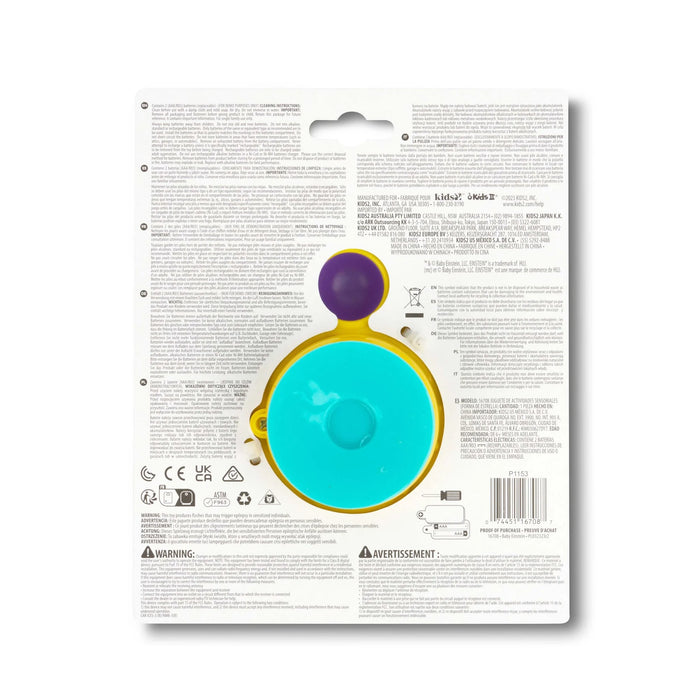 b.box glow starfish sensory toy in turquoise and purple, shown sealed in retail packaging with instructions visible.