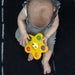 b.box Pop & Glow Starfish Sensory Toy held by a baby sitting on a dark textured carpet.