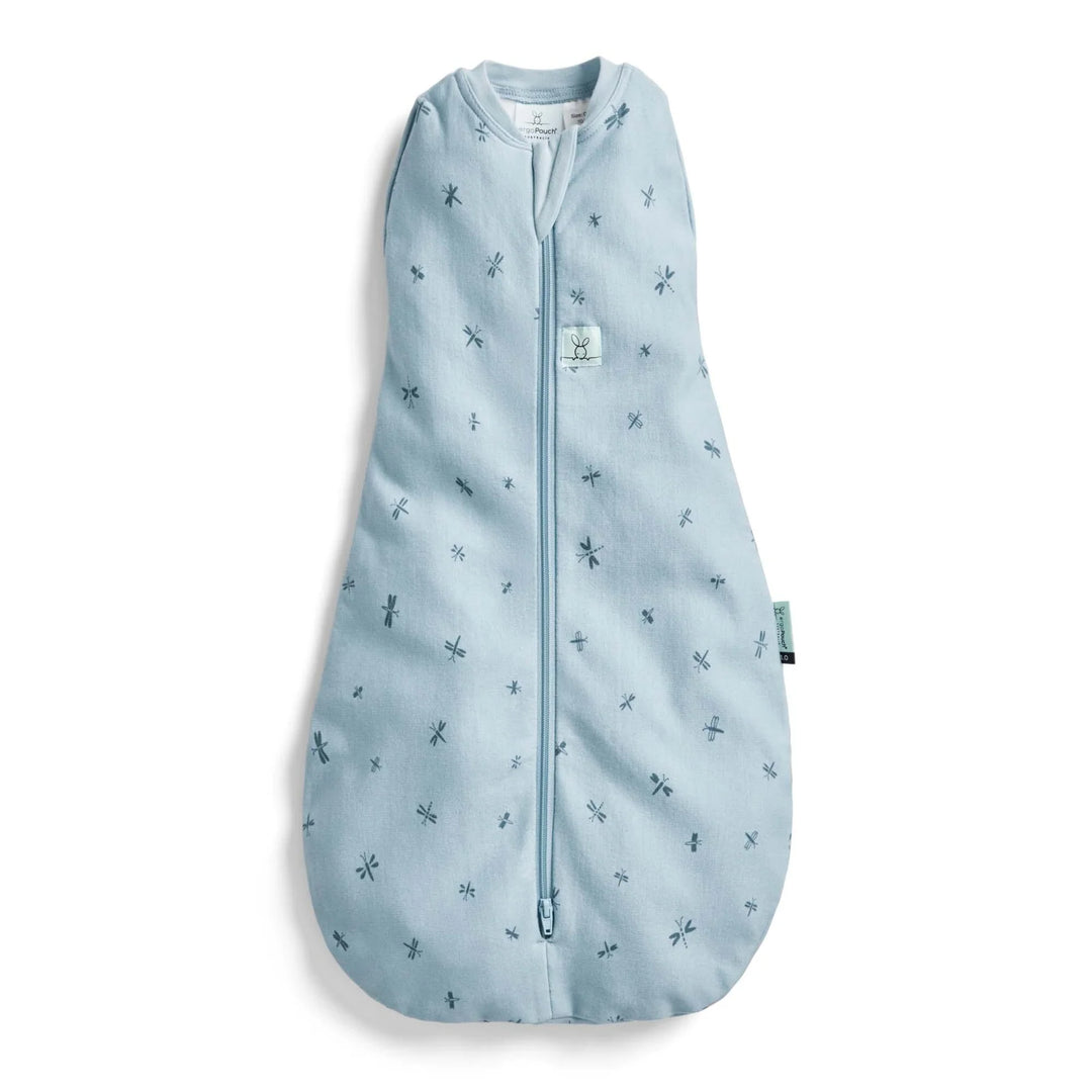 Light blue baby sleep sack with zipper and small dragonfly print, displayed on white background