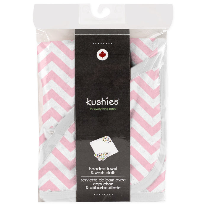 Kushies hooded towel and wash cloth set in pink and white chevron, packaged in clear plastic.