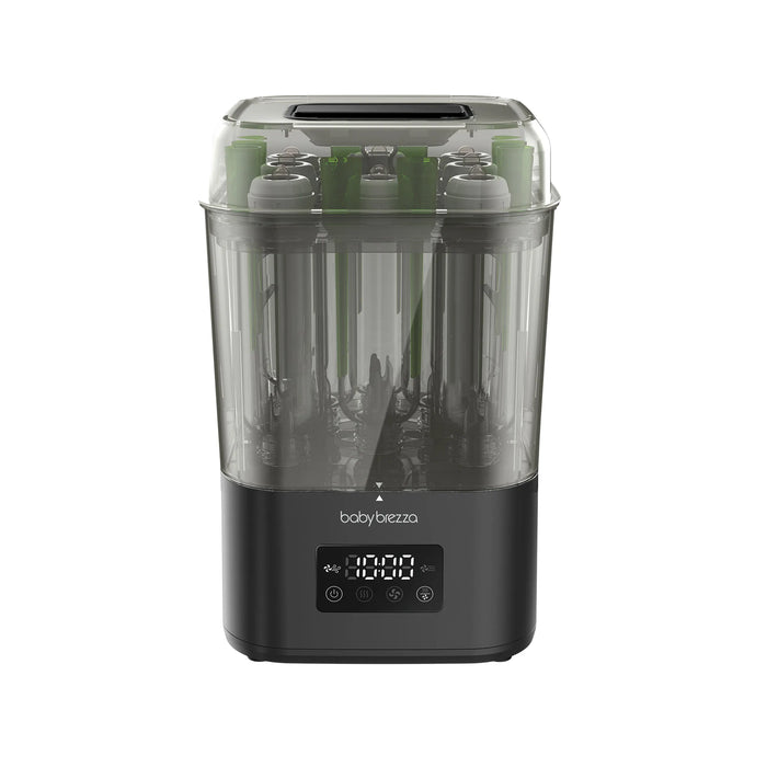 Baby Brezza Super Fast Sterilizer and Dryer in black shown on a white background with bottles inside.