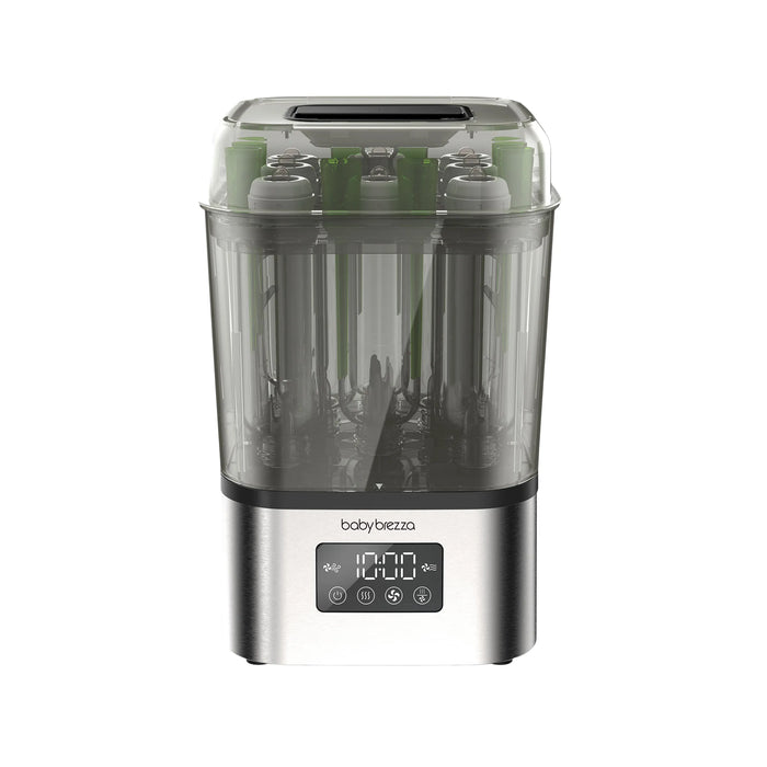 Baby Brezza Super Fast Sterilizer and Dryer shown upright with digital display visible.