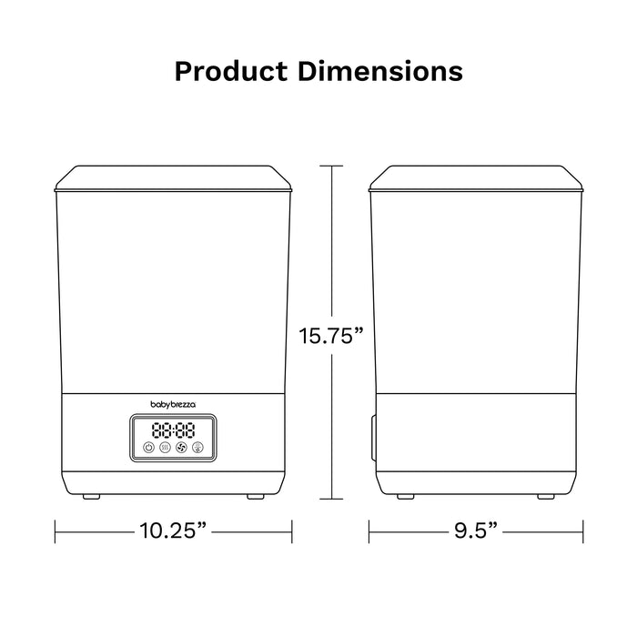 Baby Brezza Super Fast Sterilizer and Dryer dimensions diagram showing height, width, and depth.