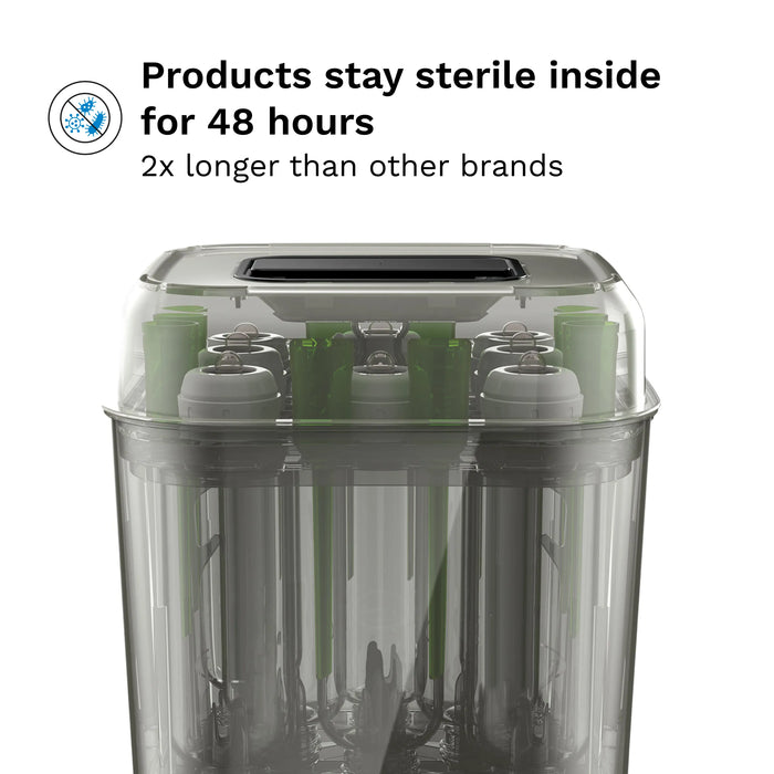 Baby Brezza Super Fast Sterilizer and Dryer with bottles inside on a white background.