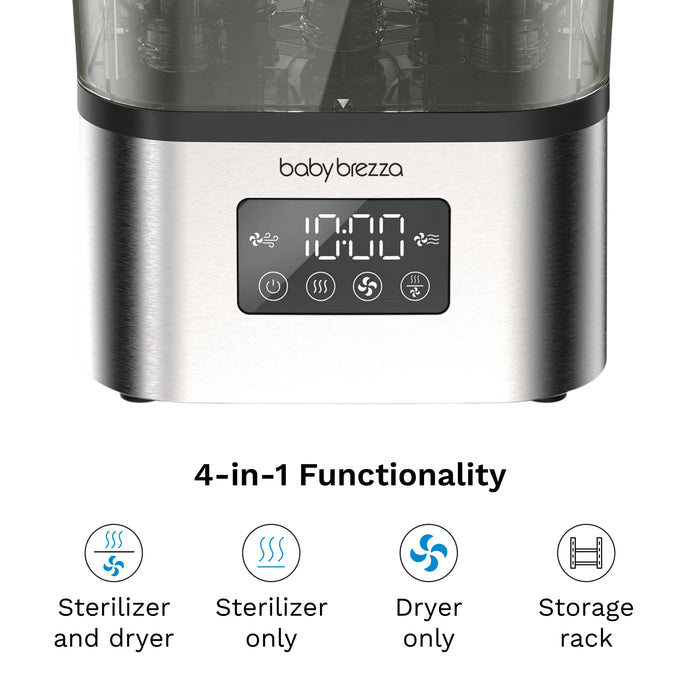 Baby Brezza Super-Fast Sterilizer and Dryer stainless steel unit with digital controls on display.