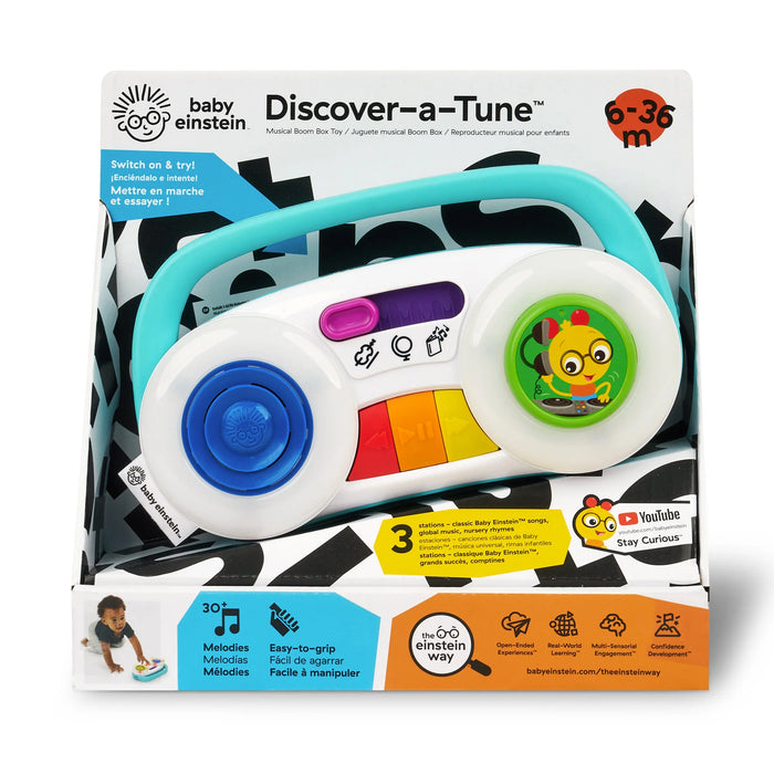 Baby Einstein Discover-a-Tune musical toy displayed in retail packaging with colorful buttons and handle.