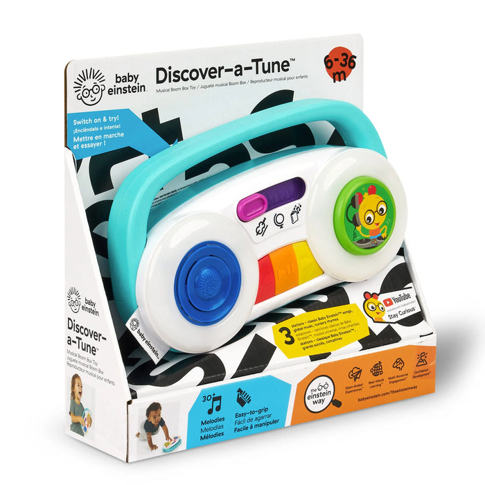 Baby Einstein Discover-a-Tune toddler musical toy in colorful packaging, shown with easy-grip handle.