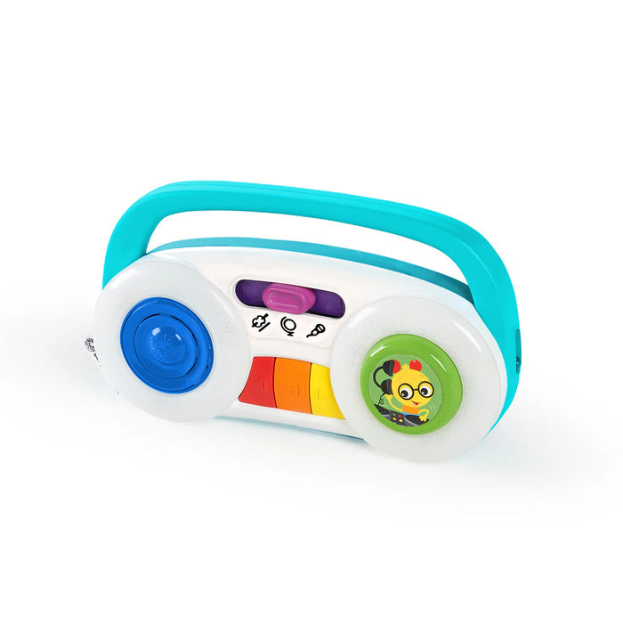 Baby Einstein Toddler Jams Musical Toy boombox with colorful buttons and a teal handle on white background.