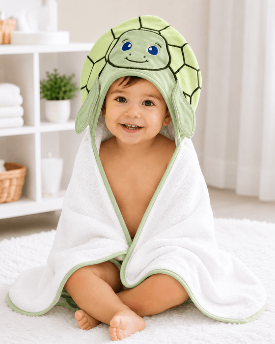 Ensemble serviette de bain à capuche et gant de toilette en microfibre Baby Gear® motif tortue, 4 pièces, vert