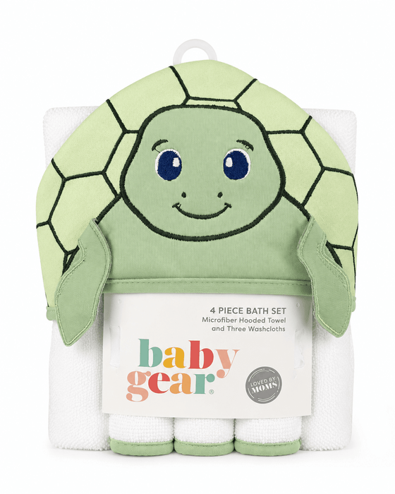 Ensemble serviette de bain à capuche et gant de toilette en microfibre Baby Gear® motif tortue, 4 pièces, vert