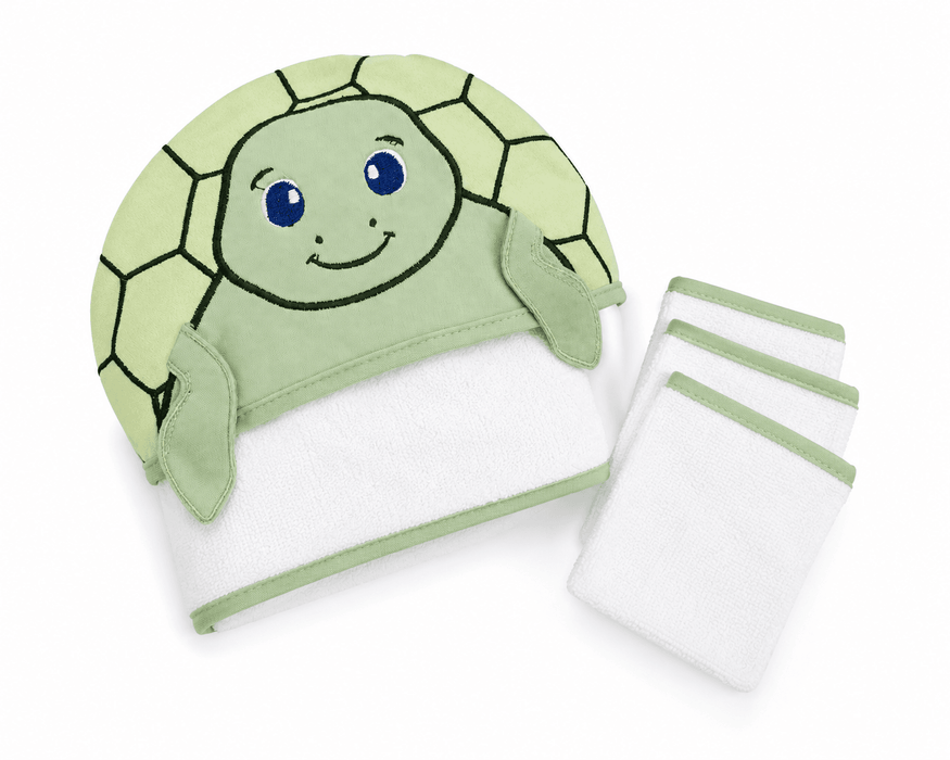 Ensemble serviette de bain à capuche et gant de toilette en microfibre Baby Gear® motif tortue, 4 pièces, vert