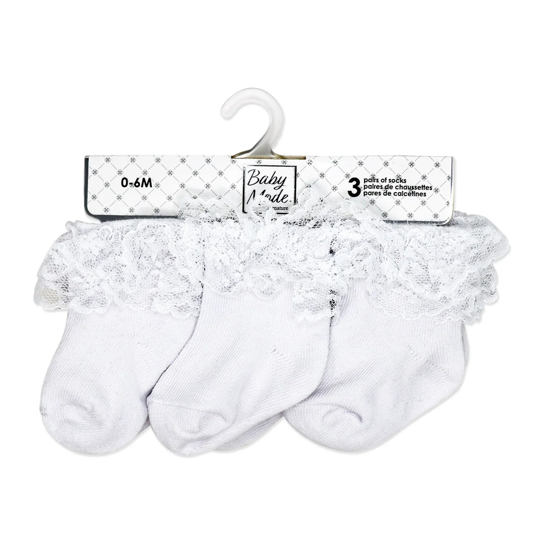 Baby Mode Signature - Baby Mode Infant &Baby Girls’ Lace Ruffle Socks – 3-Pair Set (0–6M)