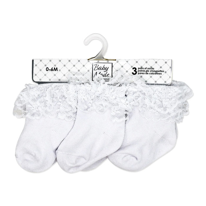 Baby Mode Signature - Baby Mode Infant &Baby Girls’ Lace Ruffle Socks – 3-Pair Set (0–6M)