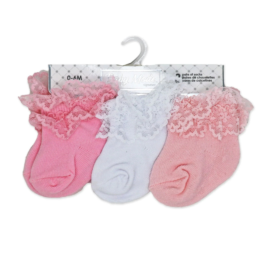 Baby Mode Signature - Baby Mode Infant &Baby Girls’ Lace Ruffle Socks – 3-Pair Set (0–6M)