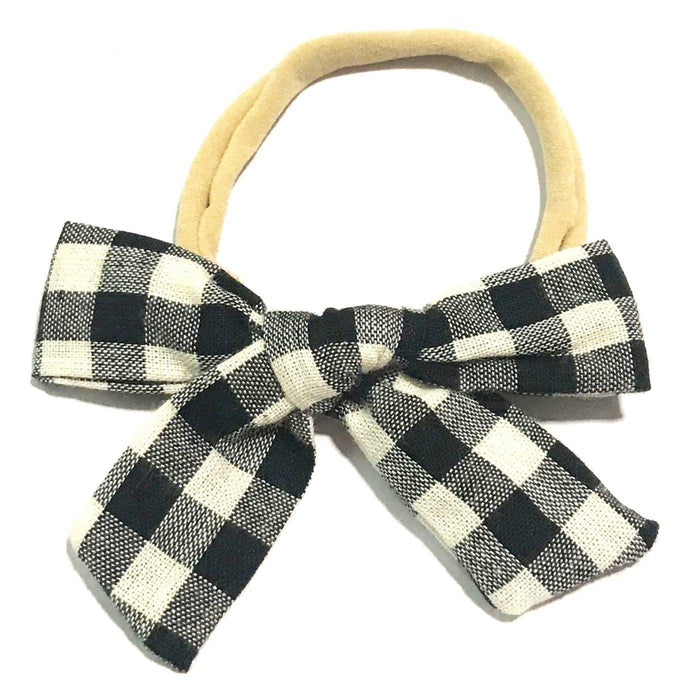 Baby Wisp - Baby Wisp Headband - Hand Tied Bow - White Buffalo Plaid - 0M+