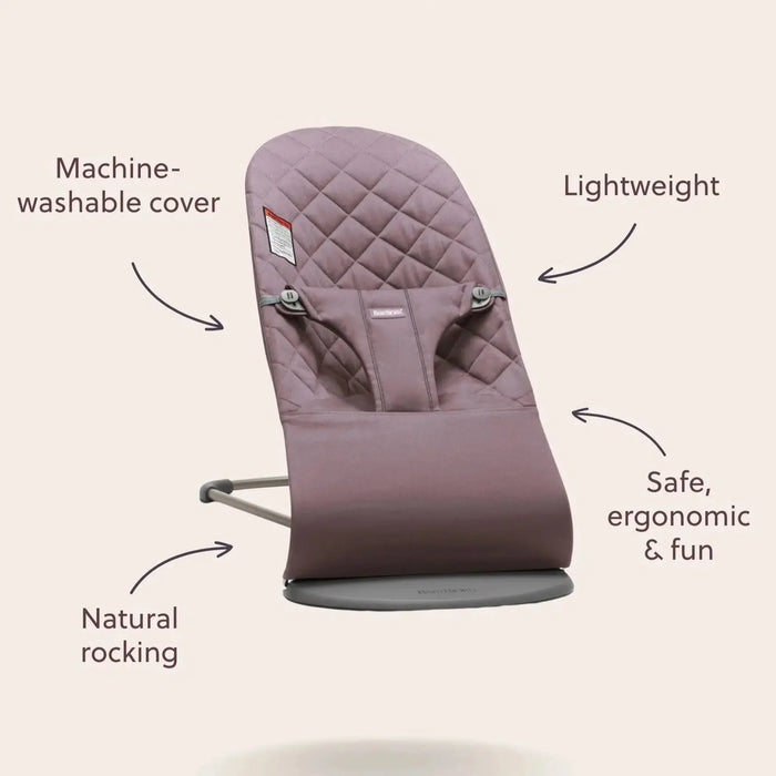 BabyBjörn baby bouncer in mauve with quilted fabric, shown freestanding on a neutral background.